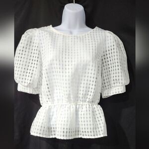 Mele E‎ Pere Womens Puff Sleeve Top Size M White Sheer Modern Checkered Coquette